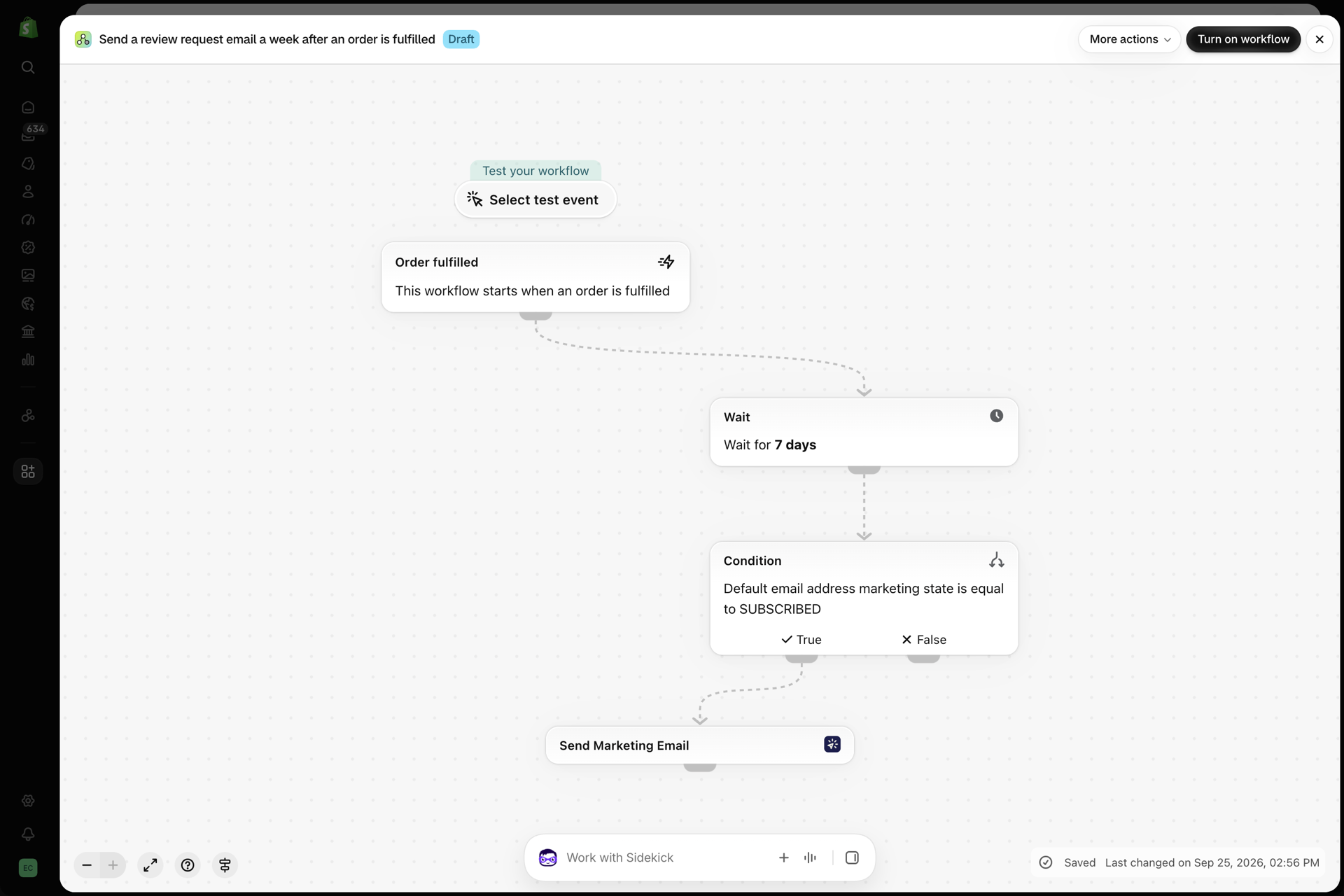 The workflow in Shopify Flow: Send a review request email a week after an order is fulfilled