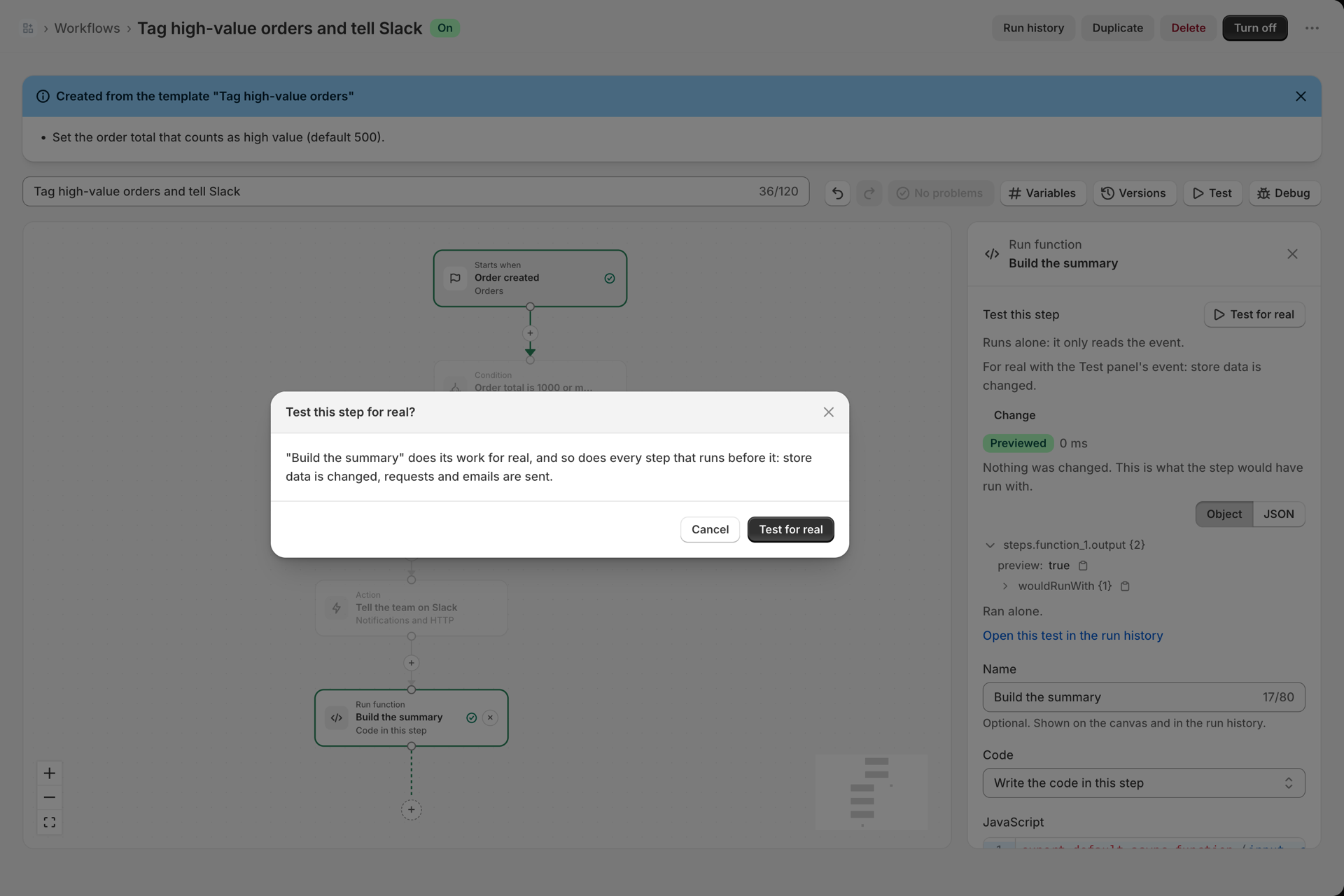 The dialog Test this step for real? explaining that the step and every step before it run for real, with Cancel and Test for real buttons