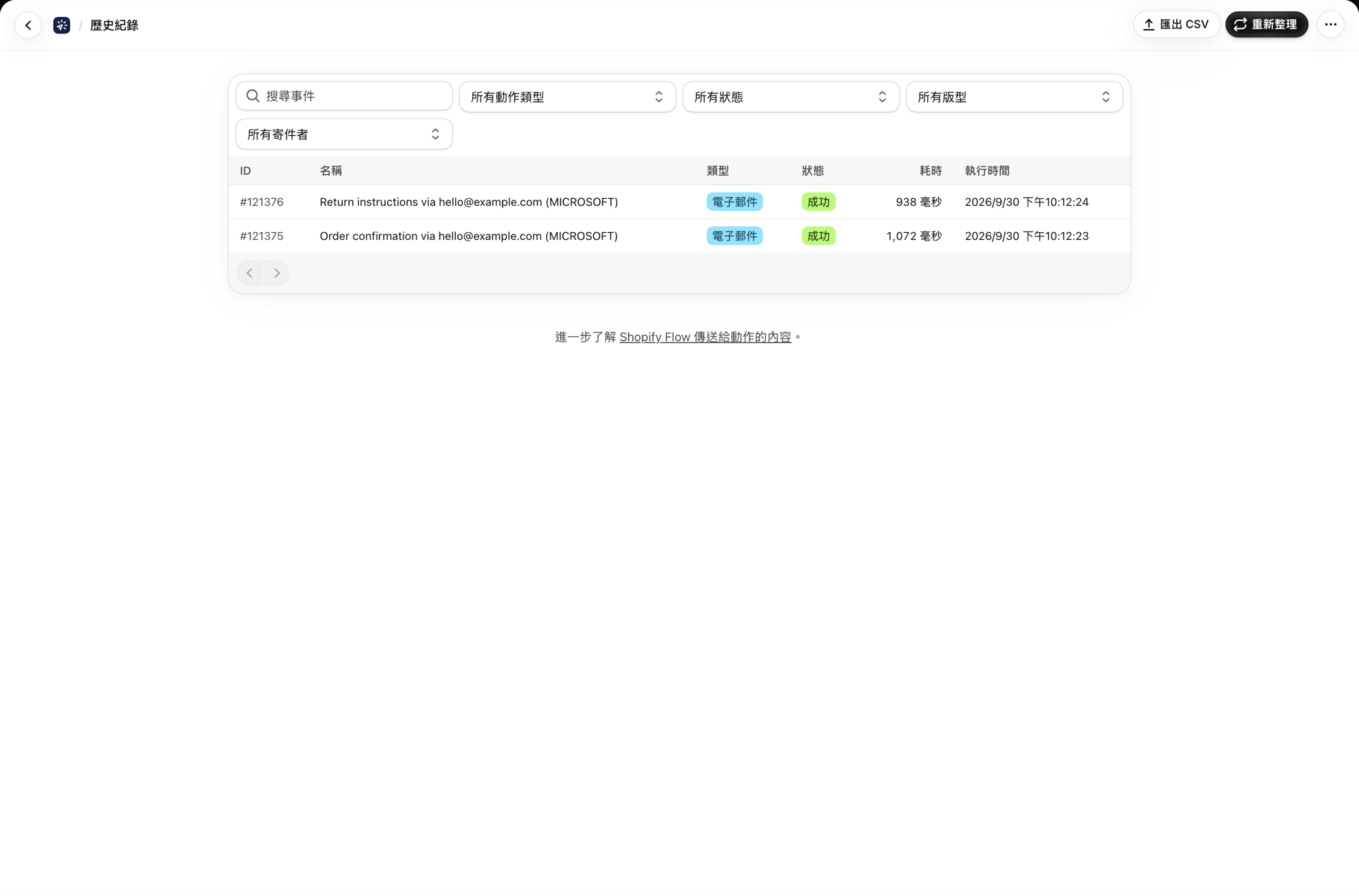 「歷史紀錄」頁面,其中包含搜尋欄位、可依動作類型、狀態、佈局及寄件者篩選的篩選器,以及清單中顯示的兩封已寄出的電子郵件