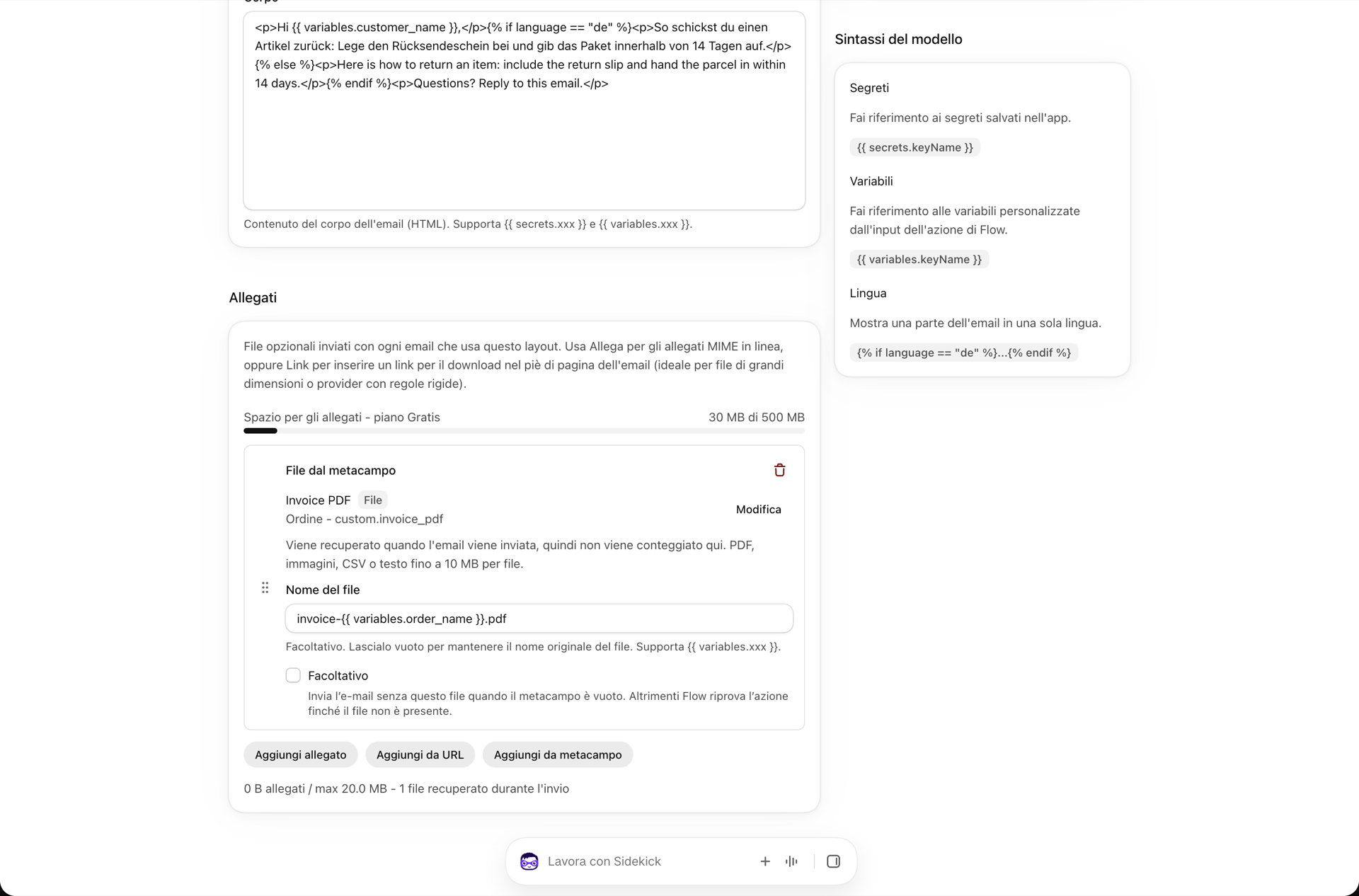 La scheda “Allegati” di un layout in formato RTF con i pulsanti “Aggiungi allegato”, “Aggiungi da URL” e “Aggiungi da metacampo”