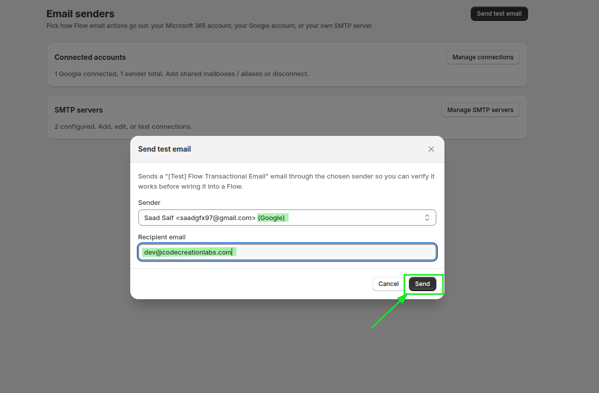 The Send test email dialog with a Google sender selected