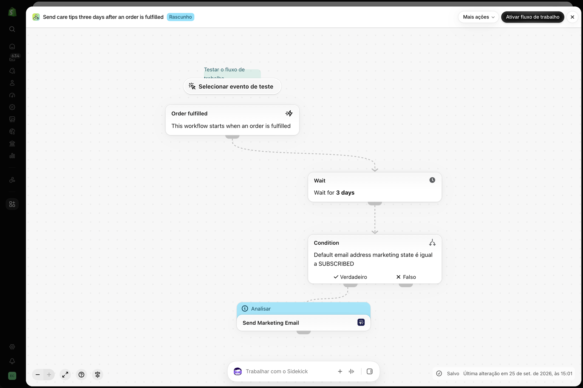 O fluxo de trabalho no Shopify Flow: Enviar dicas de cuidados três dias após o processamento de um pedido