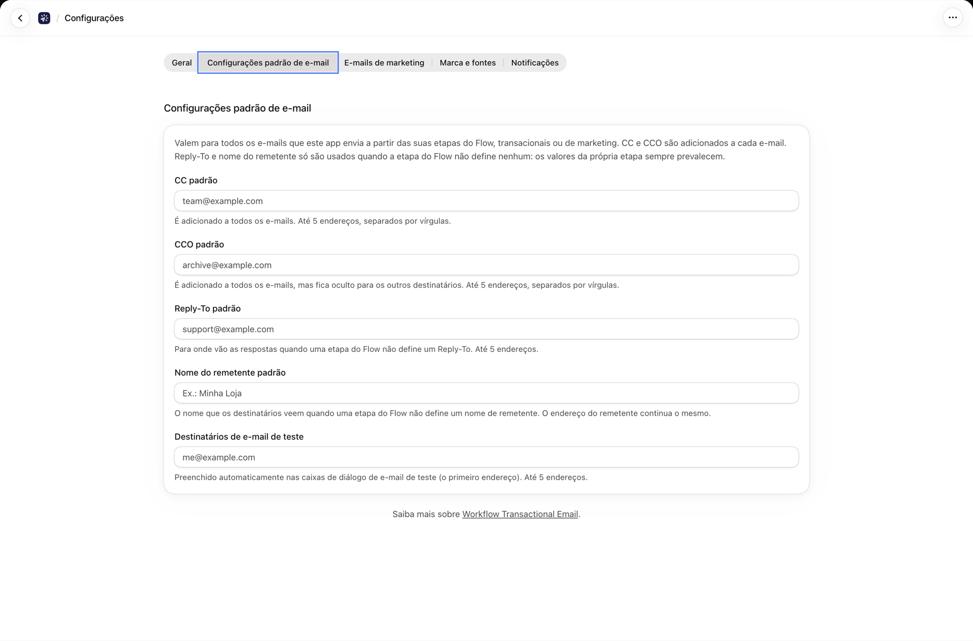 A guia “Padrões de e-mail”, com os valores padrão para CC, CCO, “Responder para”, nome do remetente e destinatários de teste