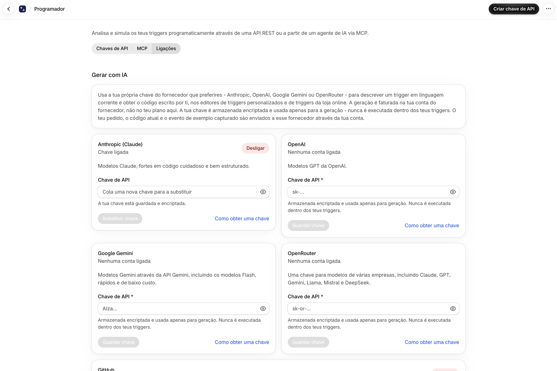 O separador «Conexões» da página «Desenvolvedor», com cartões relativos à Anthropic, OpenAI, Google Gemini e OpenRouter, sendo que a Anthropic apresenta a conexão «Key»