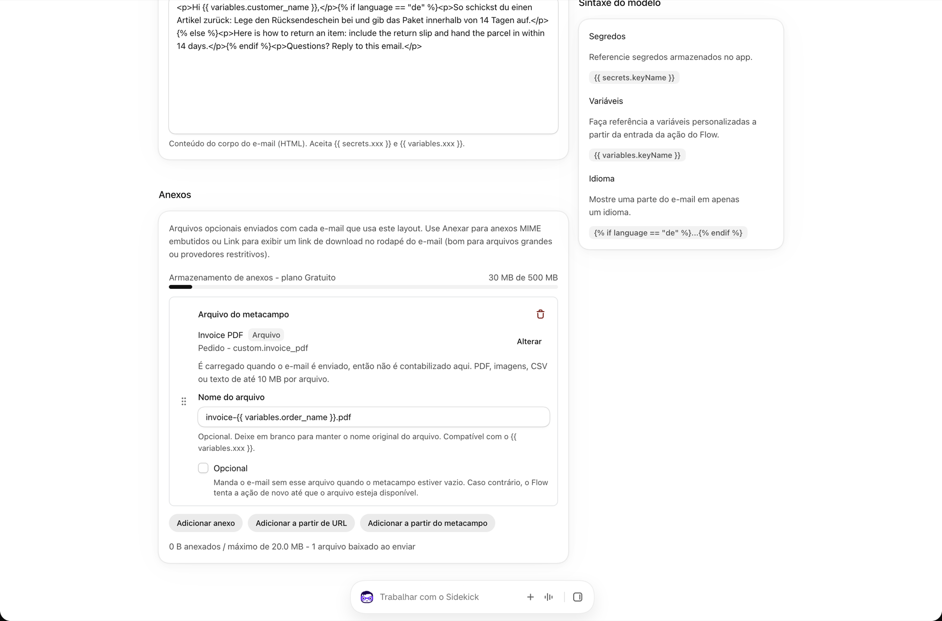 O cartão “Anexos” de um layout de texto rico com os botões “Adicionar anexo”, “Adicionar a partir de URL” e “Adicionar a partir de metacampo”