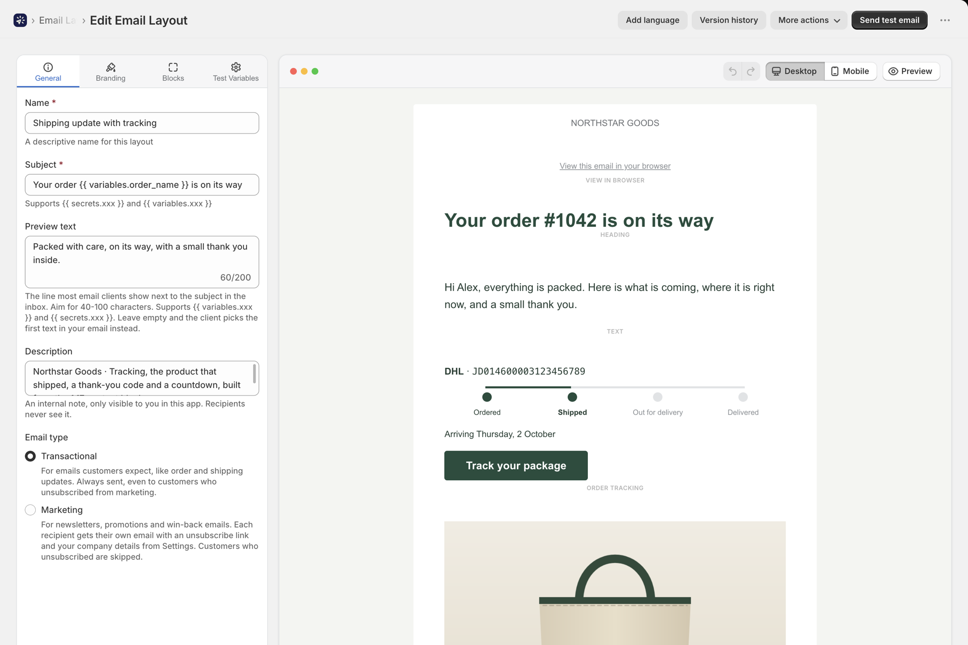 A shipping update layout in the visual builder: view in browser line, heading, order tracking with a progress stripe and a Track your package button