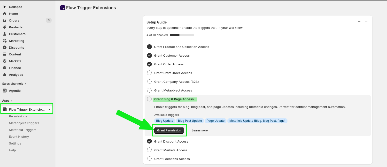 Workflow Trigger Extensions setup guide with Grant Blog and Page Access and Grant Permission button