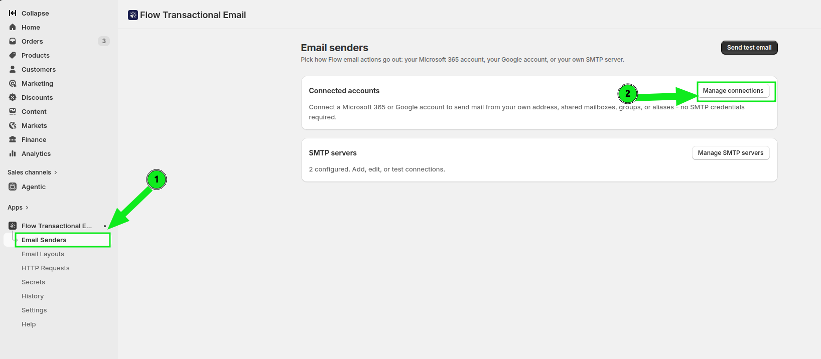 The Email Senders page with the Manage connections button