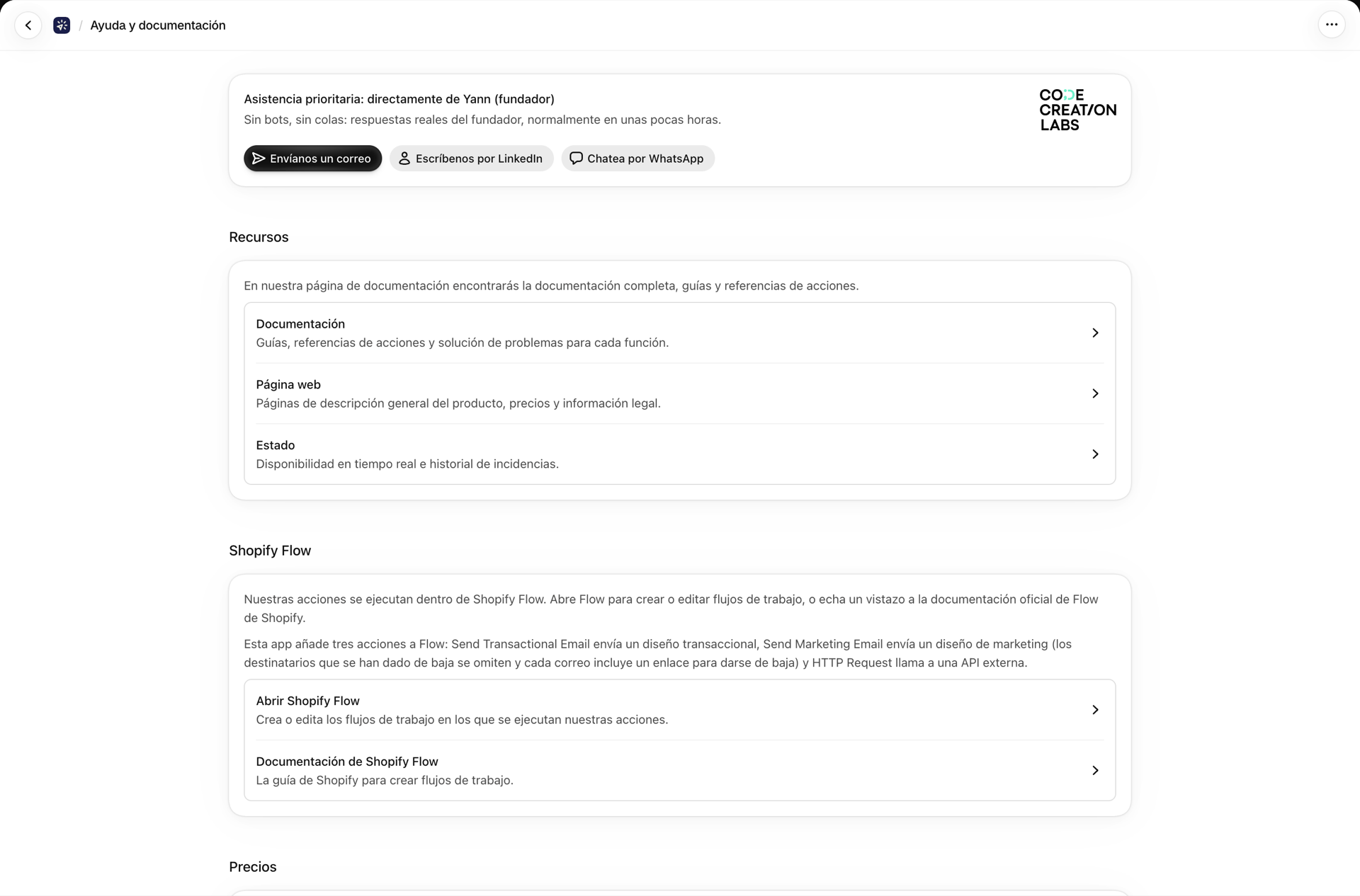 La página de Ayuda y documentación, con soporte prioritario, recursos, Shopify Flow y tarifas