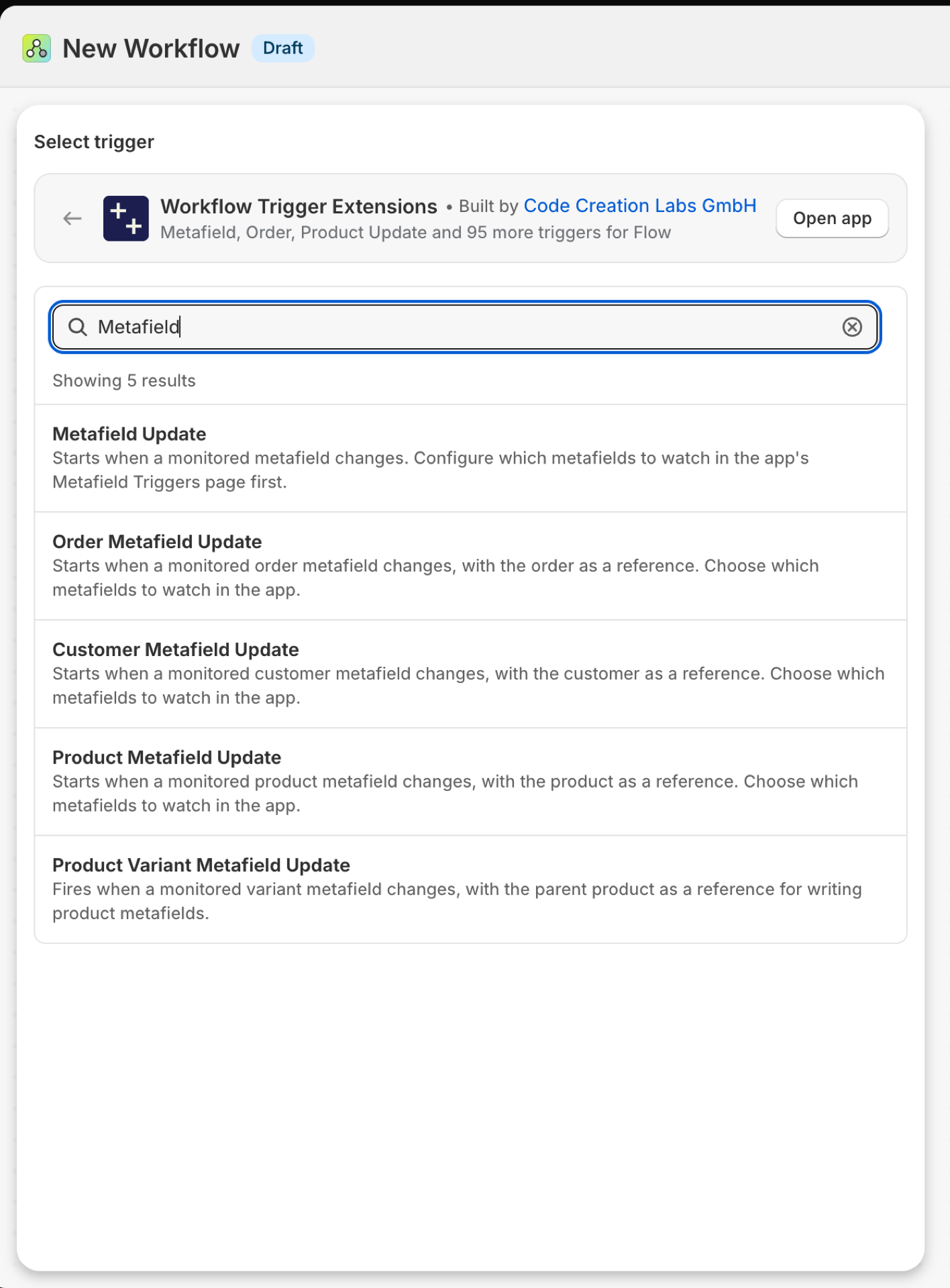 Shopify Flow's trigger picker inside Workflow Trigger Extensions, searched for Metafield