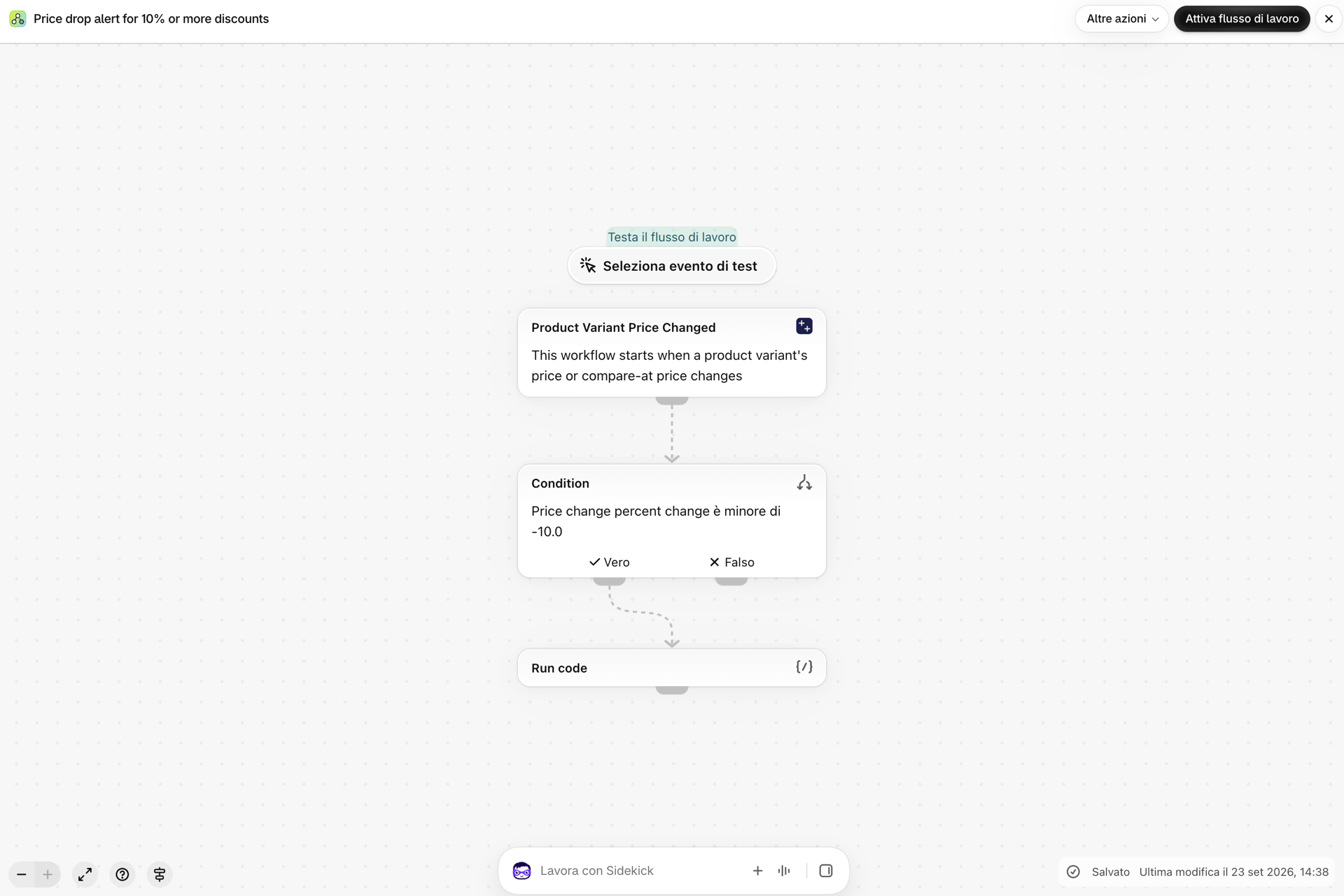Il workflow completato: trigger, condizione, "Esegui codice", con "Attiva workflow" in alto a destra