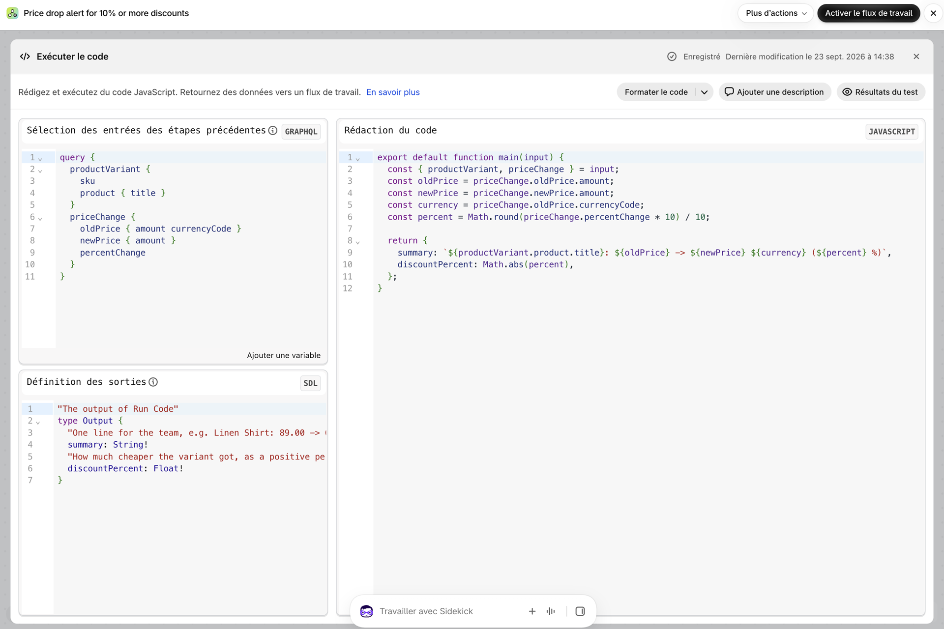 Étape de code « Run » de Shopify Flow qui lit les valeurs oldPrice, newPrice et percentChange à partir du déclencheur et renvoie une ligne de synthèse