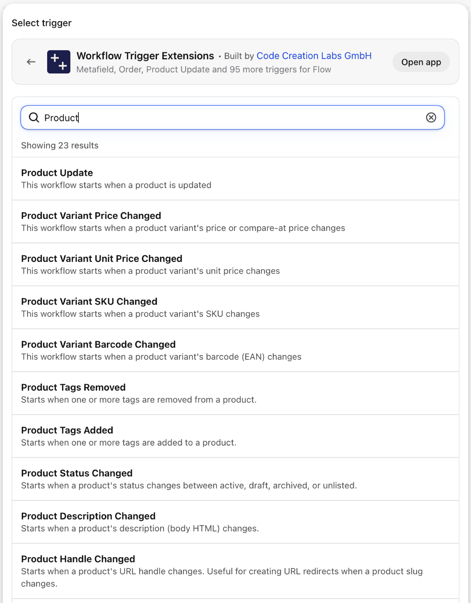 Shopify Flow's trigger picker inside Workflow Trigger Extensions, searched for Product