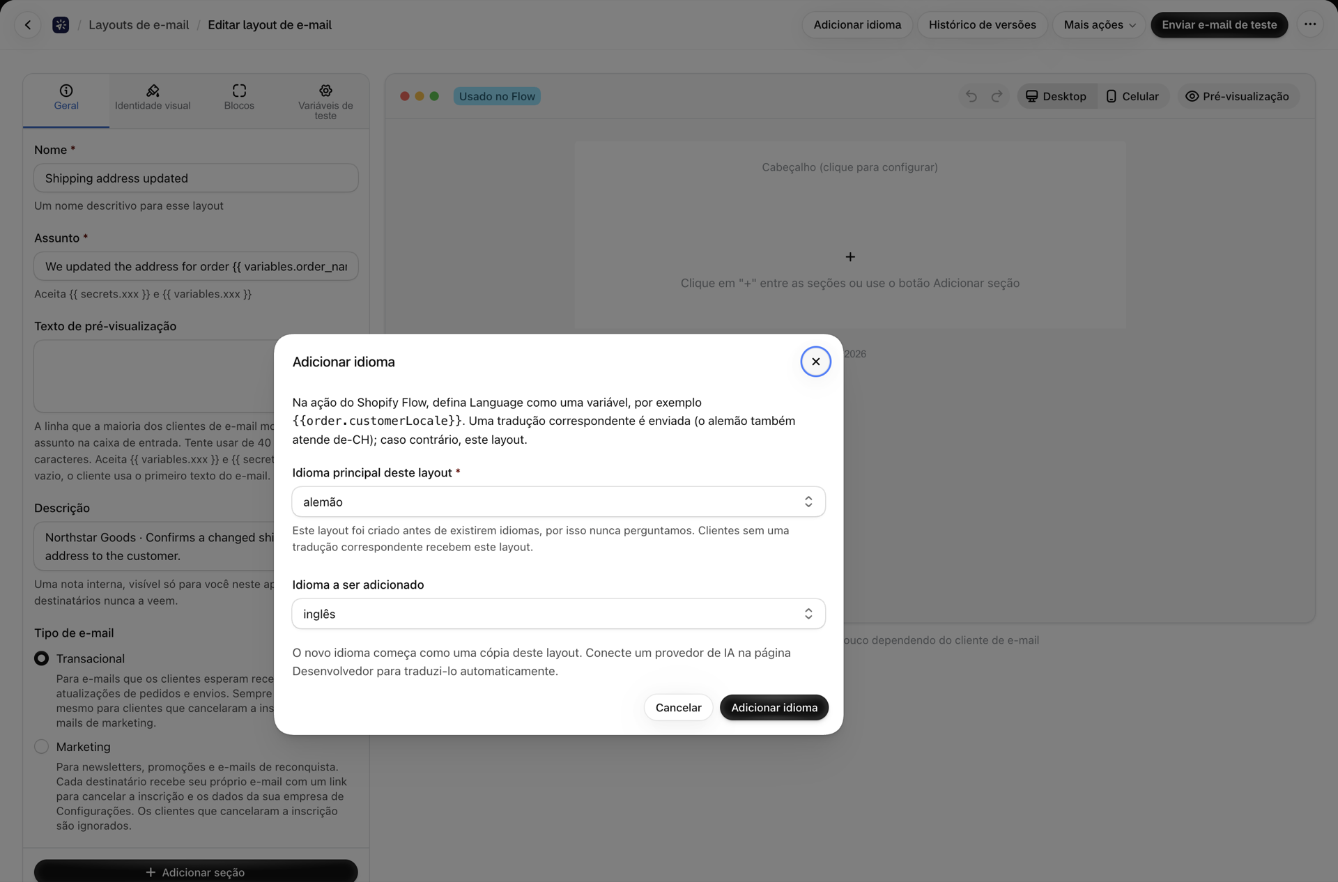 A caixa de diálogo “Adicionar idioma” em um layout criado antes da existência dos idiomas: o idioma principal desse layout aparece em primeiro lugar e é obrigatório; em seguida, vem o idioma a ser adicionado