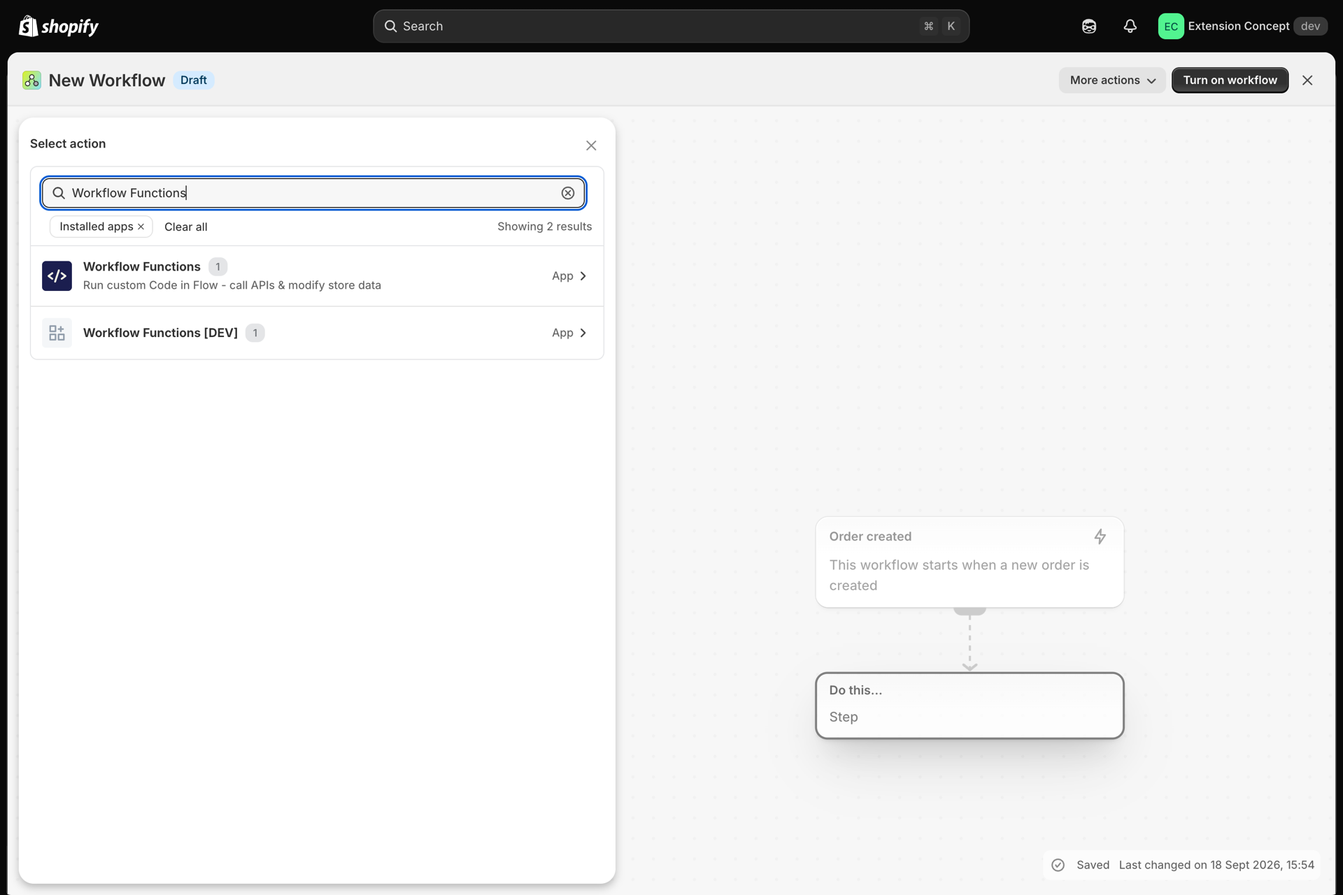 Shopify Flow's Select action panel listing Workflow Functions with its description