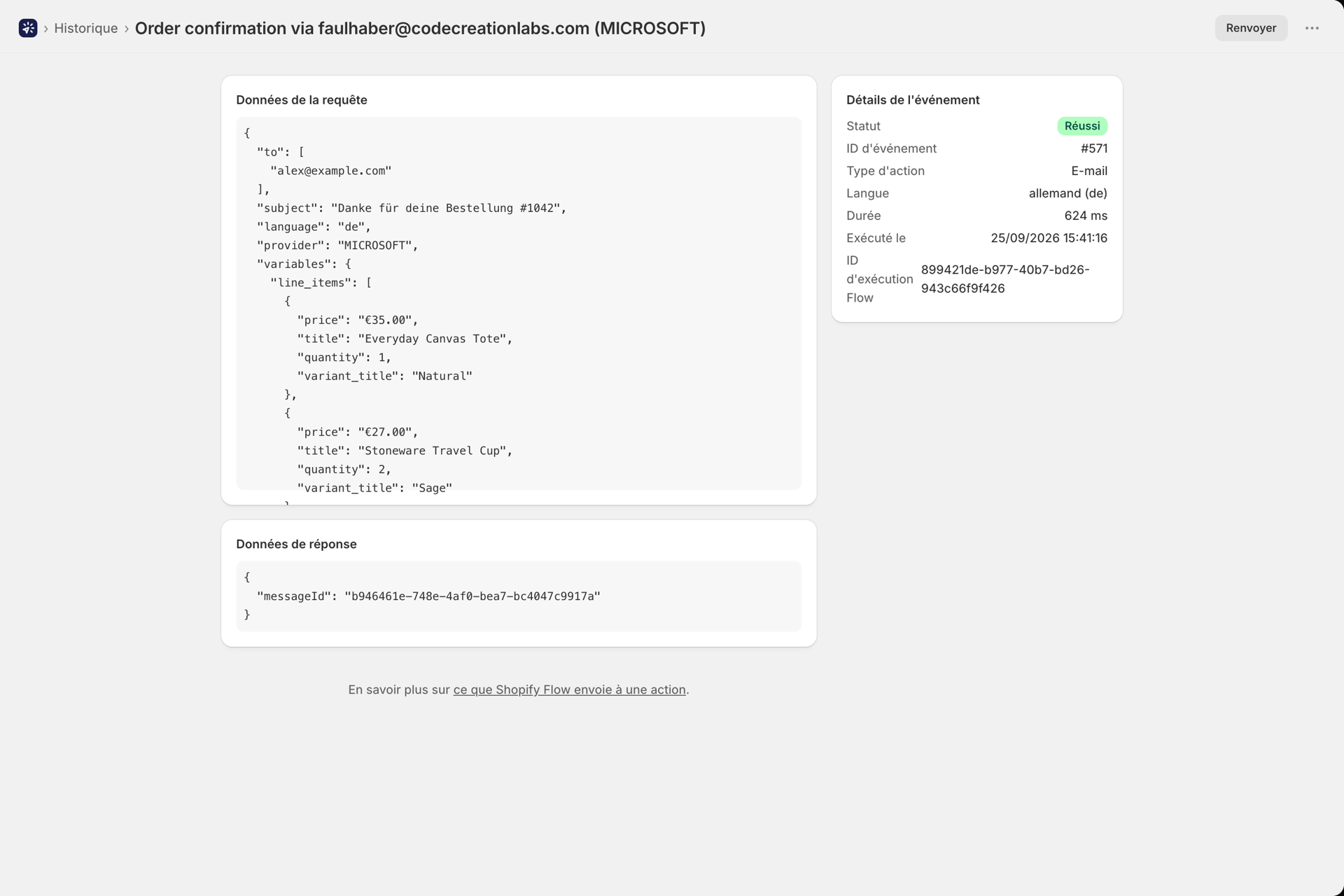 Un événement « Historique » correspondant à l'envoi d'un e-mail, avec le statut, la durée et la langue « allemand » dans les détails de l'événement
