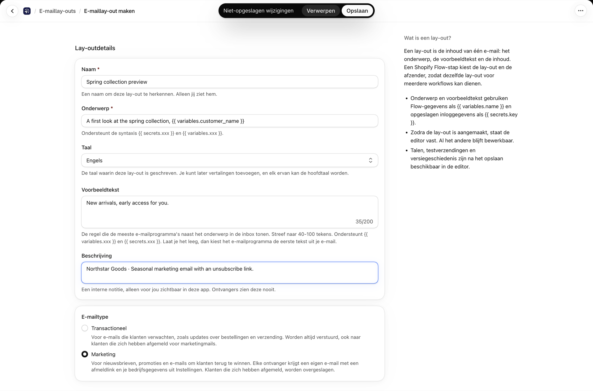 De pagina ‘E-mailopmaak aanmaken’ met naam, onderwerp, taal, e-mailtype en de keuze van de editor
