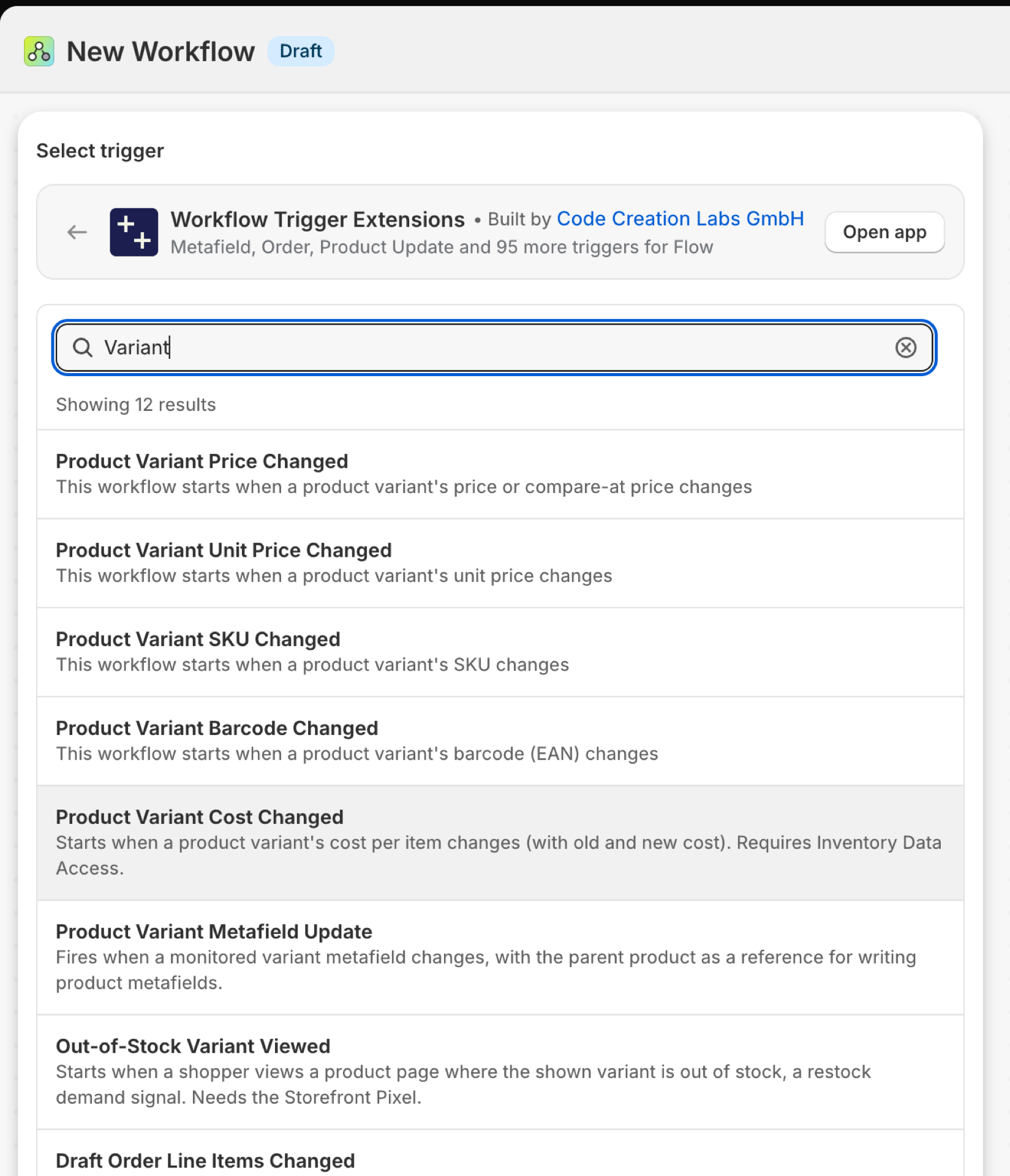 Shopify Flow's trigger picker inside Workflow Trigger Extensions, searched for Variant