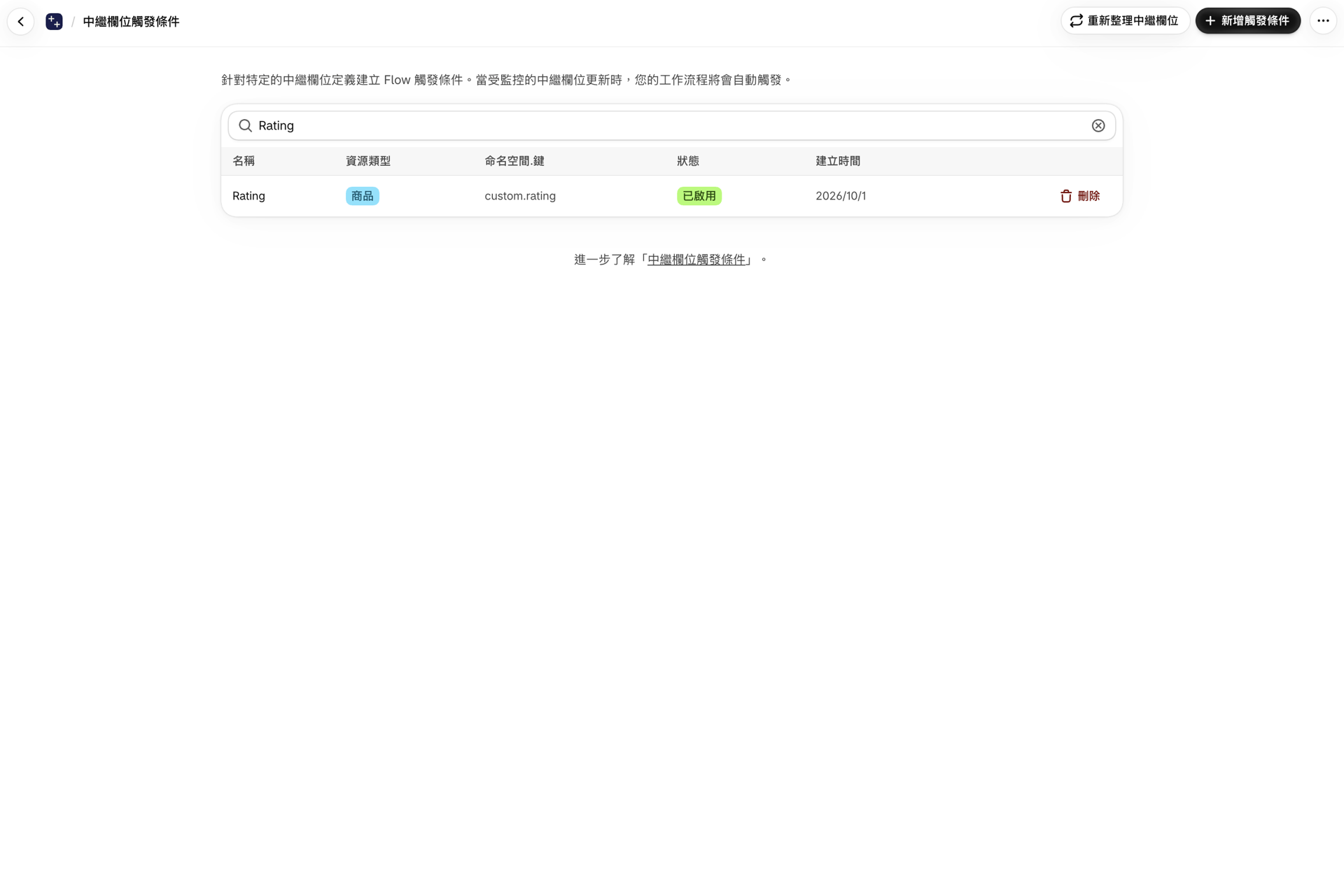 包含產品元字段「Rating」及「custom.rating」的「元字段觸發器」清單,狀態顯示為「已啟用」