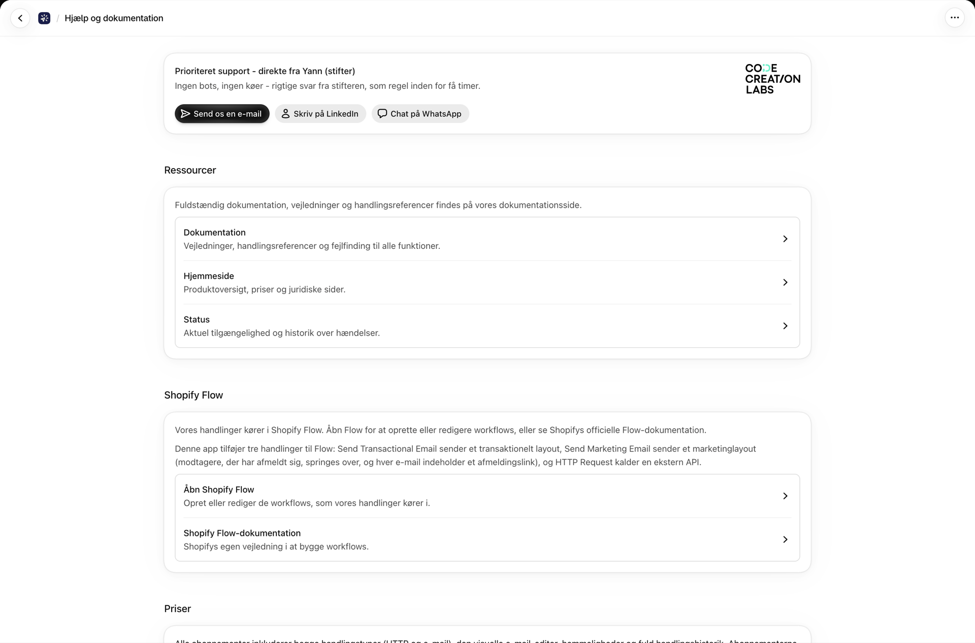 Siden »Hjælp og dokumentation« med prioriteret support, ressourcer, Shopify Flow og priser