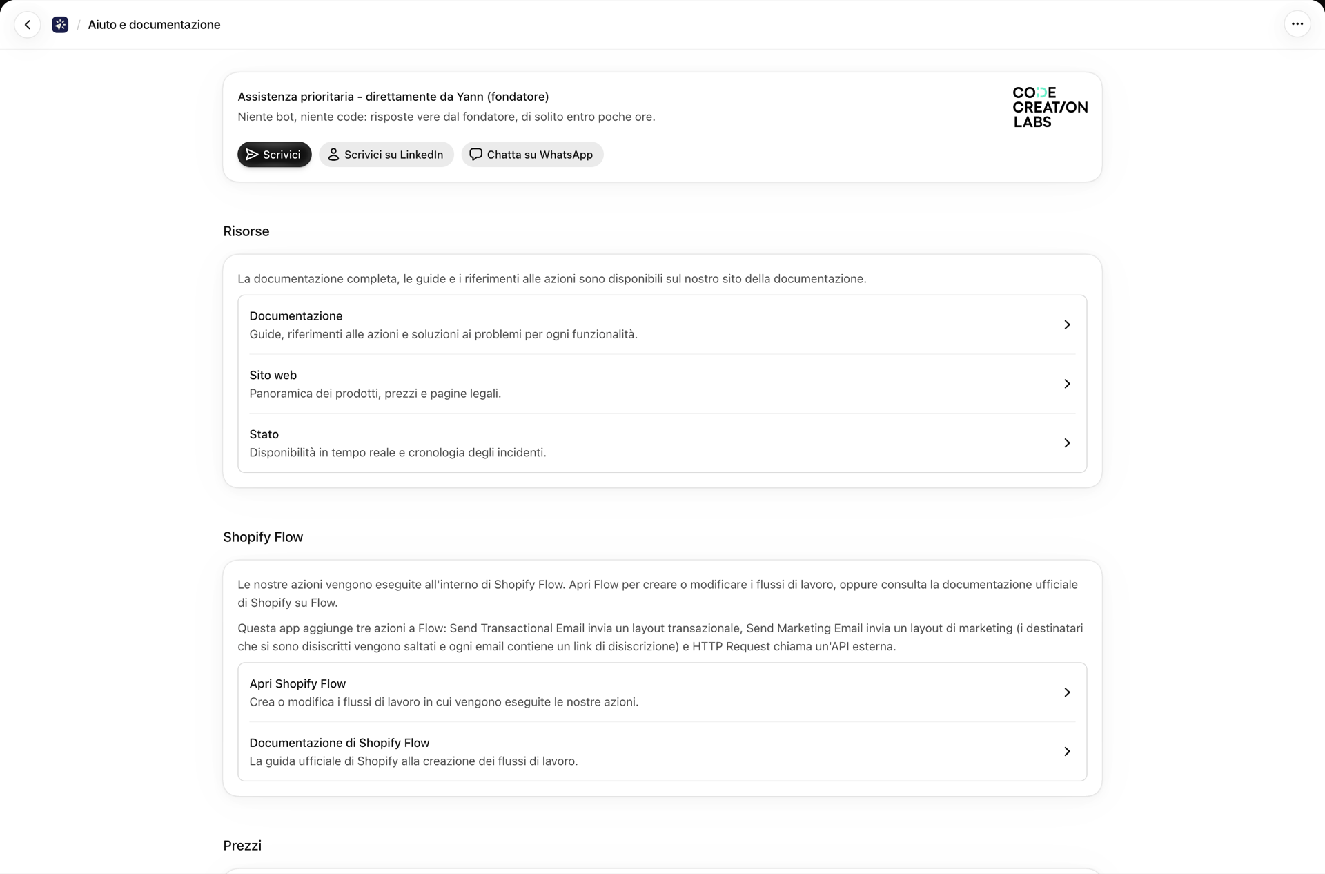 La pagina “Assistenza e documentazione” con assistenza prioritaria, risorse, Shopify Flow e prezzi