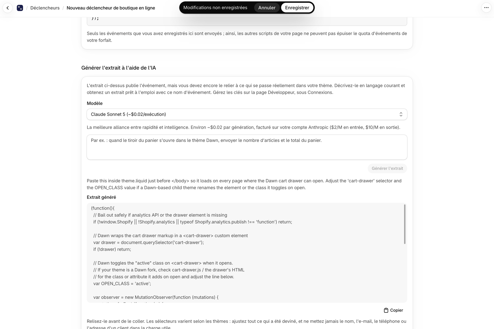 La carte « Générer l'extrait avec l'IA » d'un déclencheur de boutique en ligne, comprenant un extrait généré pour le tiroir de panier Dawn et une note indiquant où le coller