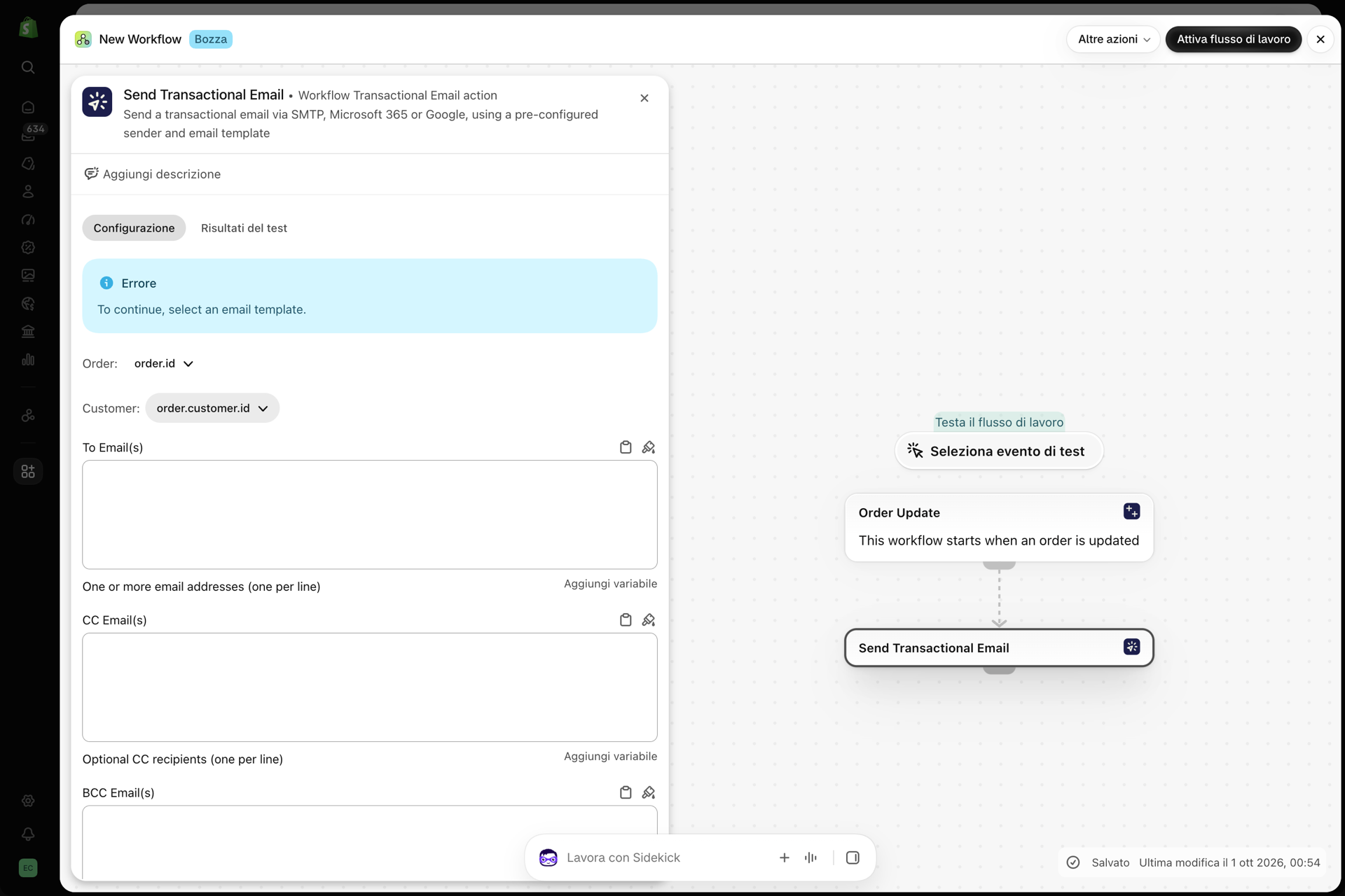 Un passaggio “Invia e-mail transazionale” appena aggiunto in Shopify Flow, con il campo “Ordine” impostato su order.id e il campo “Cliente” su order.customer.id, sopra i campi “A”, “CC” e “BCC”