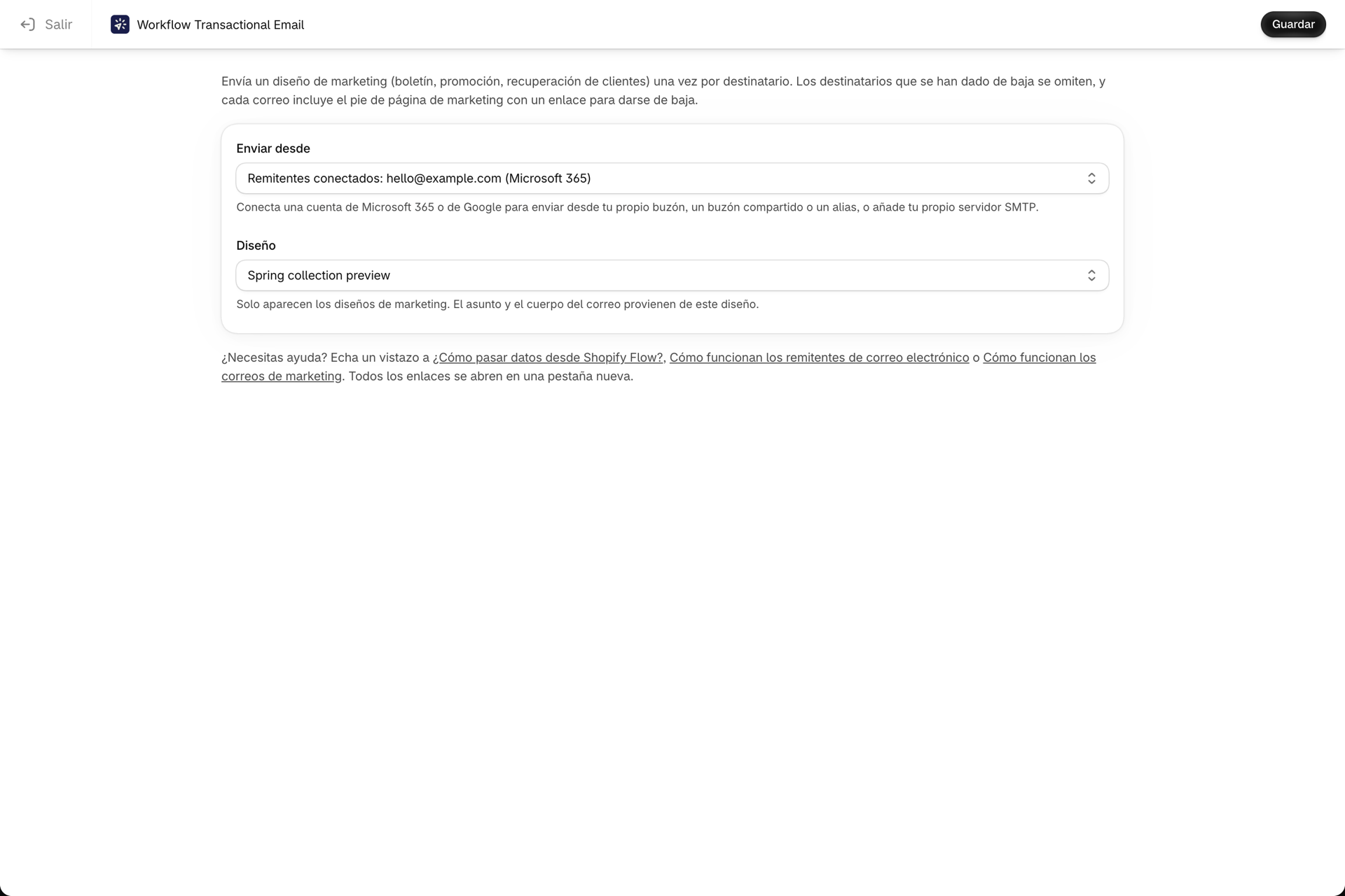 La página de configuración de «Enviar correo electrónico de marketing» con un remitente y una plantilla de marketing seleccionados