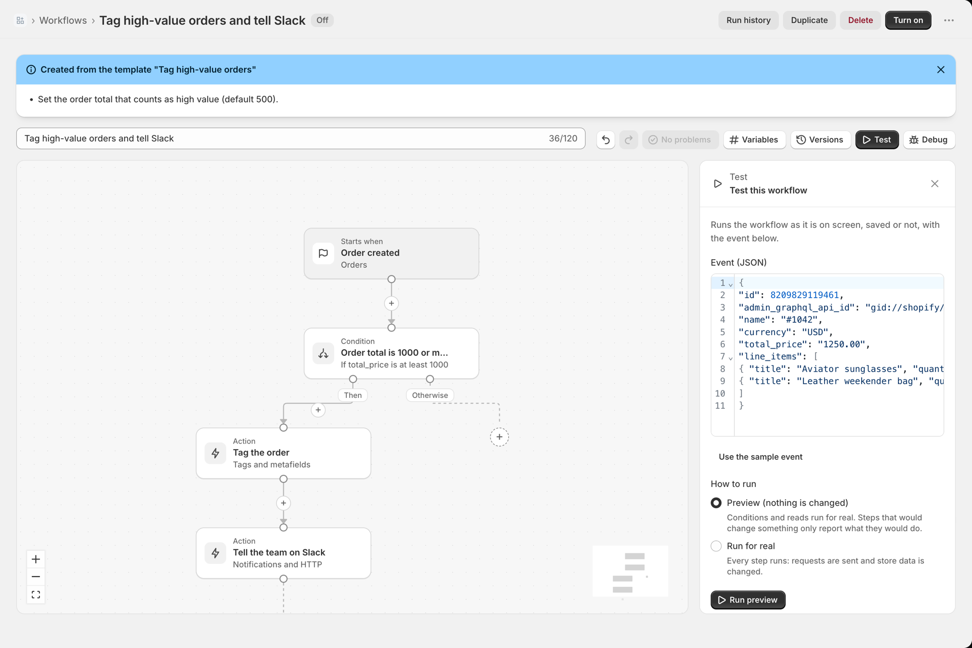 The Test panel with a short hand-written event: id, admin_graphql_api_id, name #1042, currency USD, total_price 1250.00 and two line items, Preview selected and the Run preview button