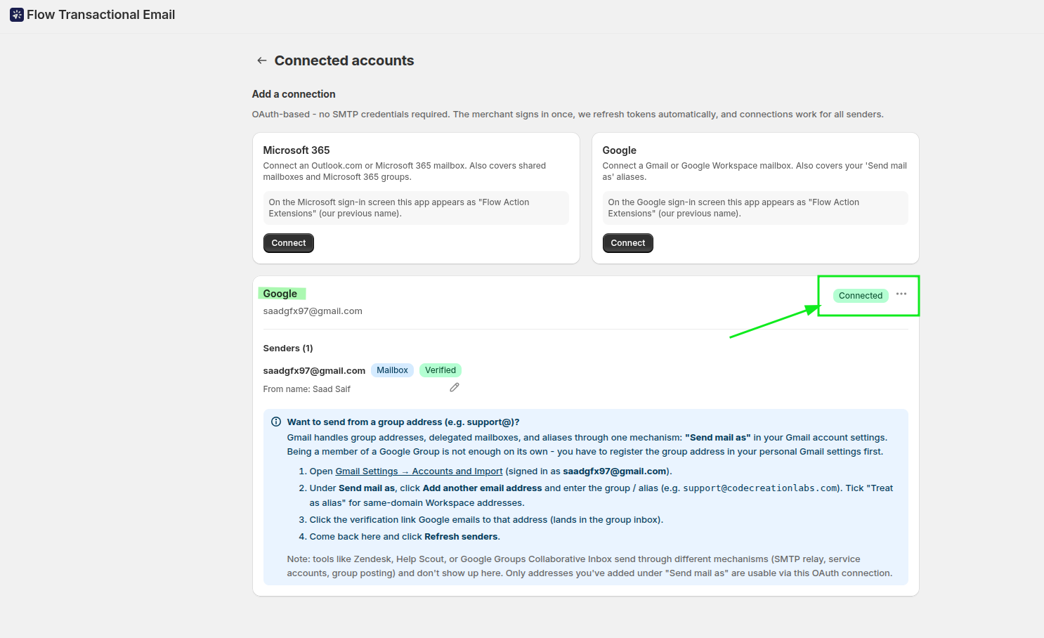 The connected Google account showing a Connected status