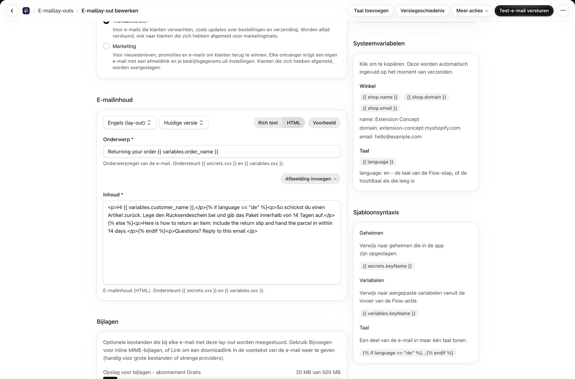 Een HTML-lay-out waarvan de body de instructie „if language equals de“ gebruikt, naast de kaart „Systeemvariabelen“ waarop de taalvariabele wordt vermeld
