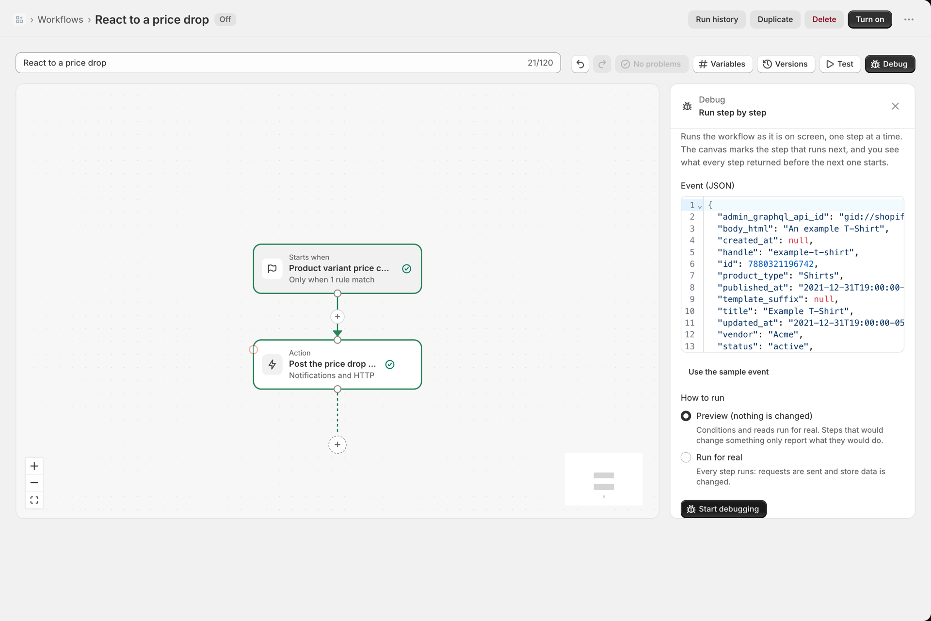 The Debug panel Run step by step: the Event (JSON) box, Use the sample event, the choice Preview or Run for real and the Start debugging button