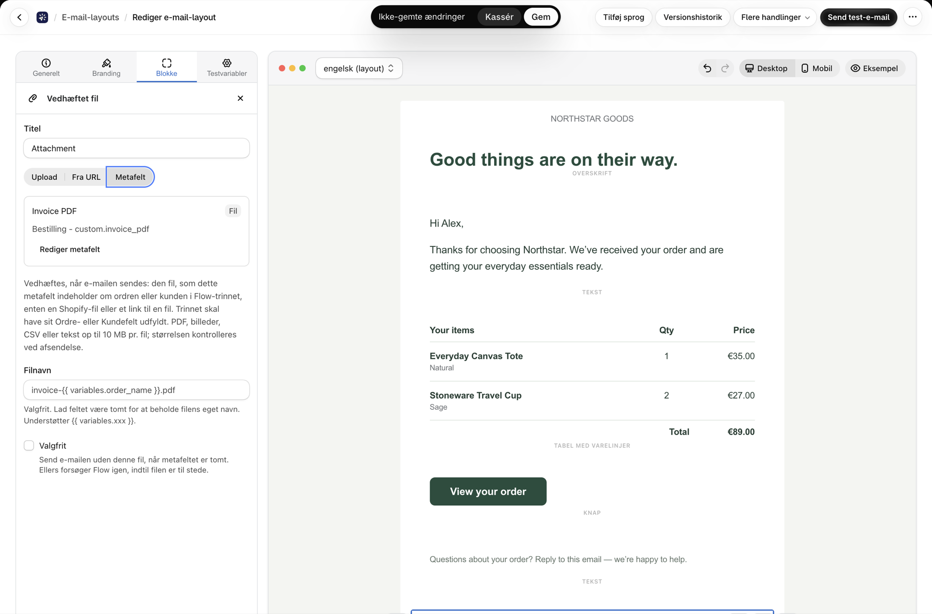 Vælg-blokken efter valg af metafeltet: Faktura-PDF, Fil, Ordre custom.invoice_pdf, knappen »Rediger metafelt«, overskrivning af filnavn og afkrydsningsfeltet »Valgfrit«
