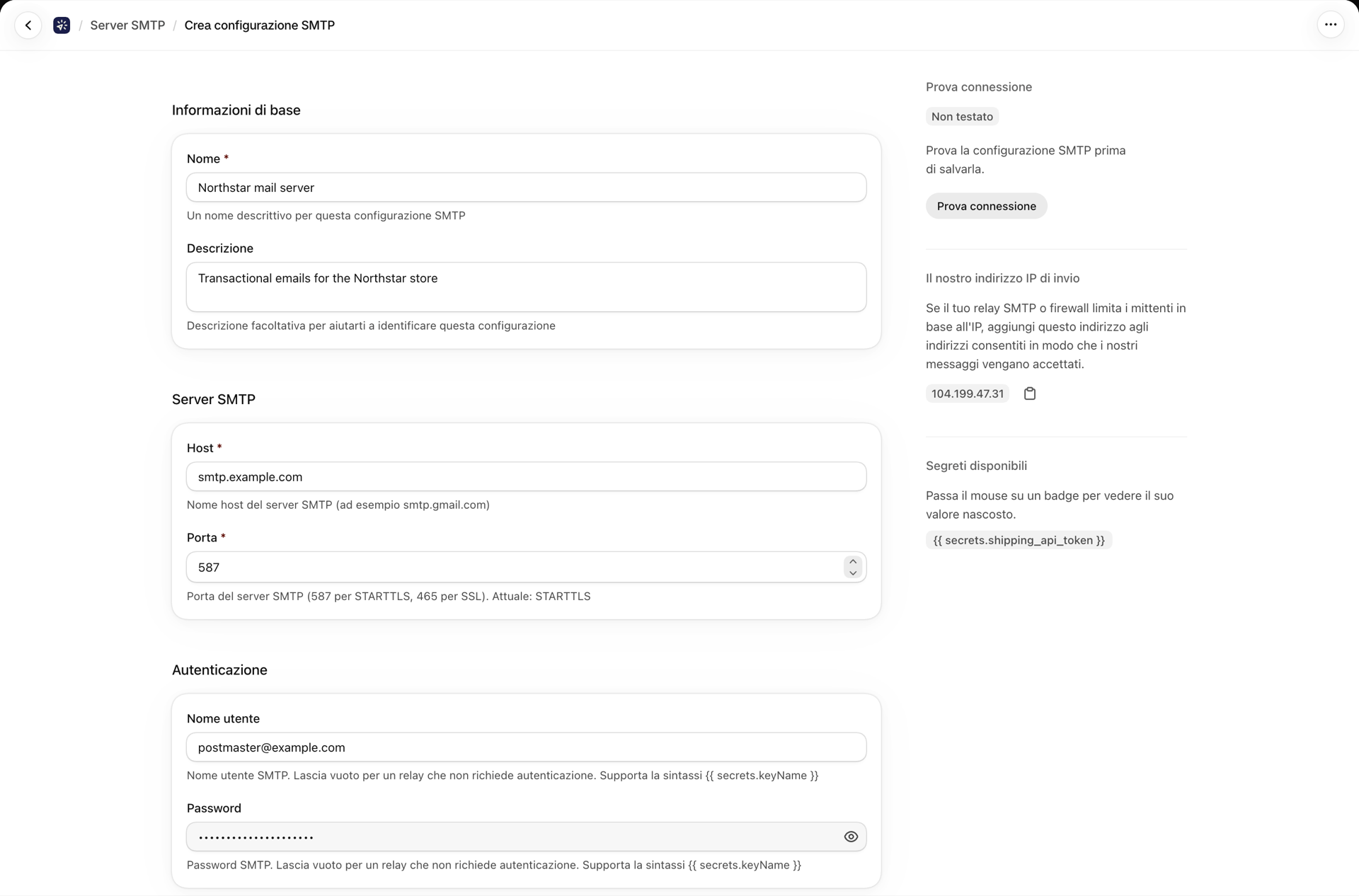 Il modulo del server SMTP compilato con nome, host e porta, accanto alla scheda contenente il nostro indirizzo IP di invio