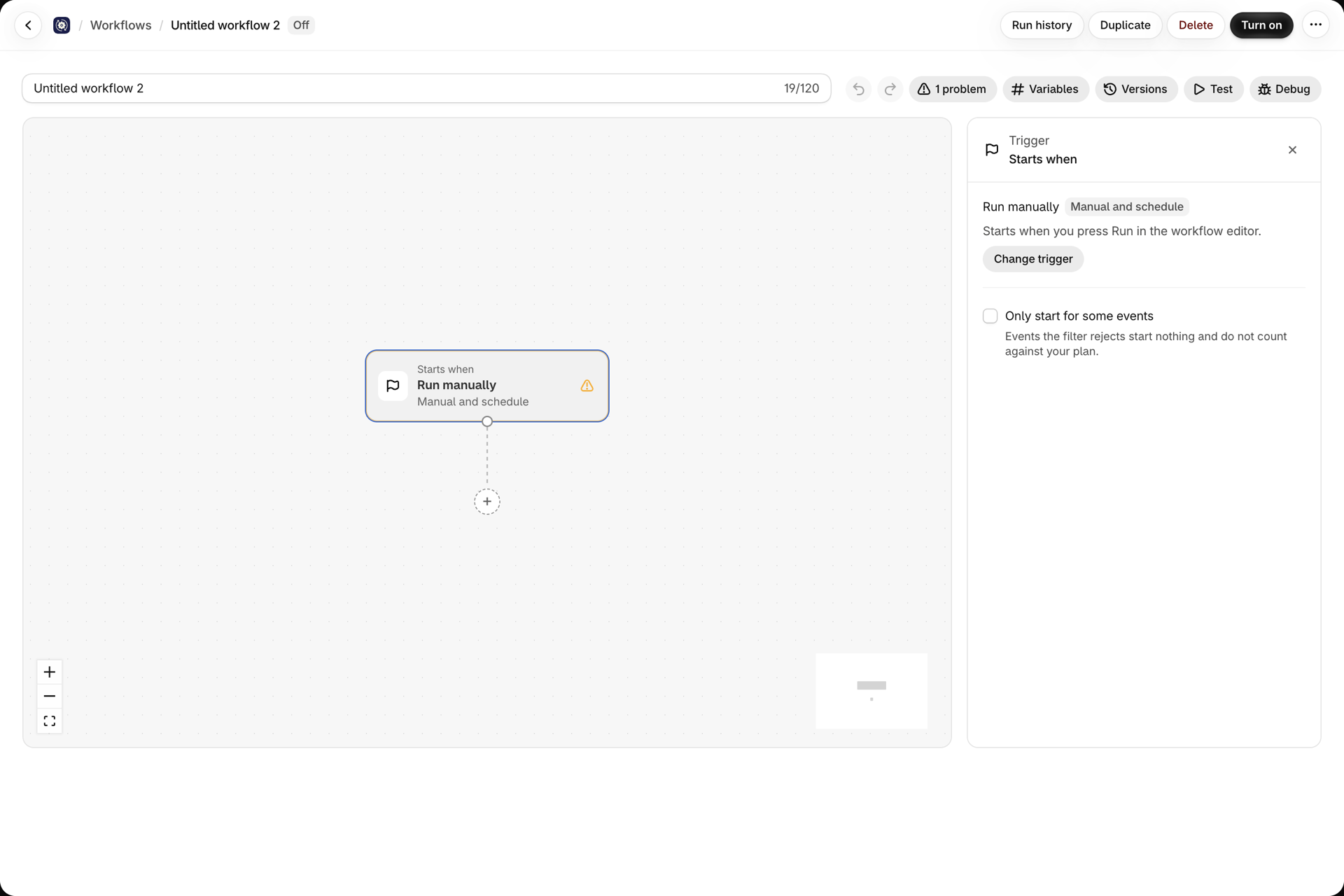 A blank workflow named Untitled workflow 2: the Run manually trigger alone on the canvas, the button 1 problem in the toolbar and the trigger panel with Change trigger