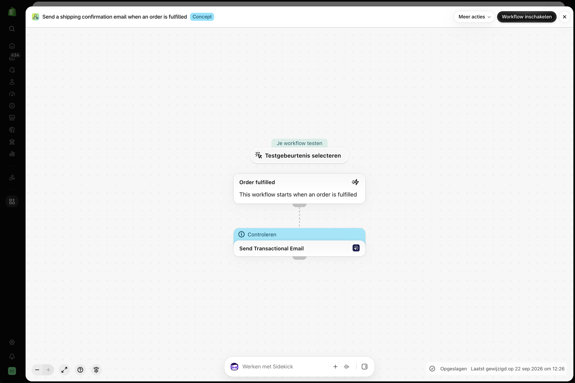 De workflow in Shopify Flow: een verzendbevestiging per e-mail versturen wanneer de afhandeling van de bestelling is voltooid